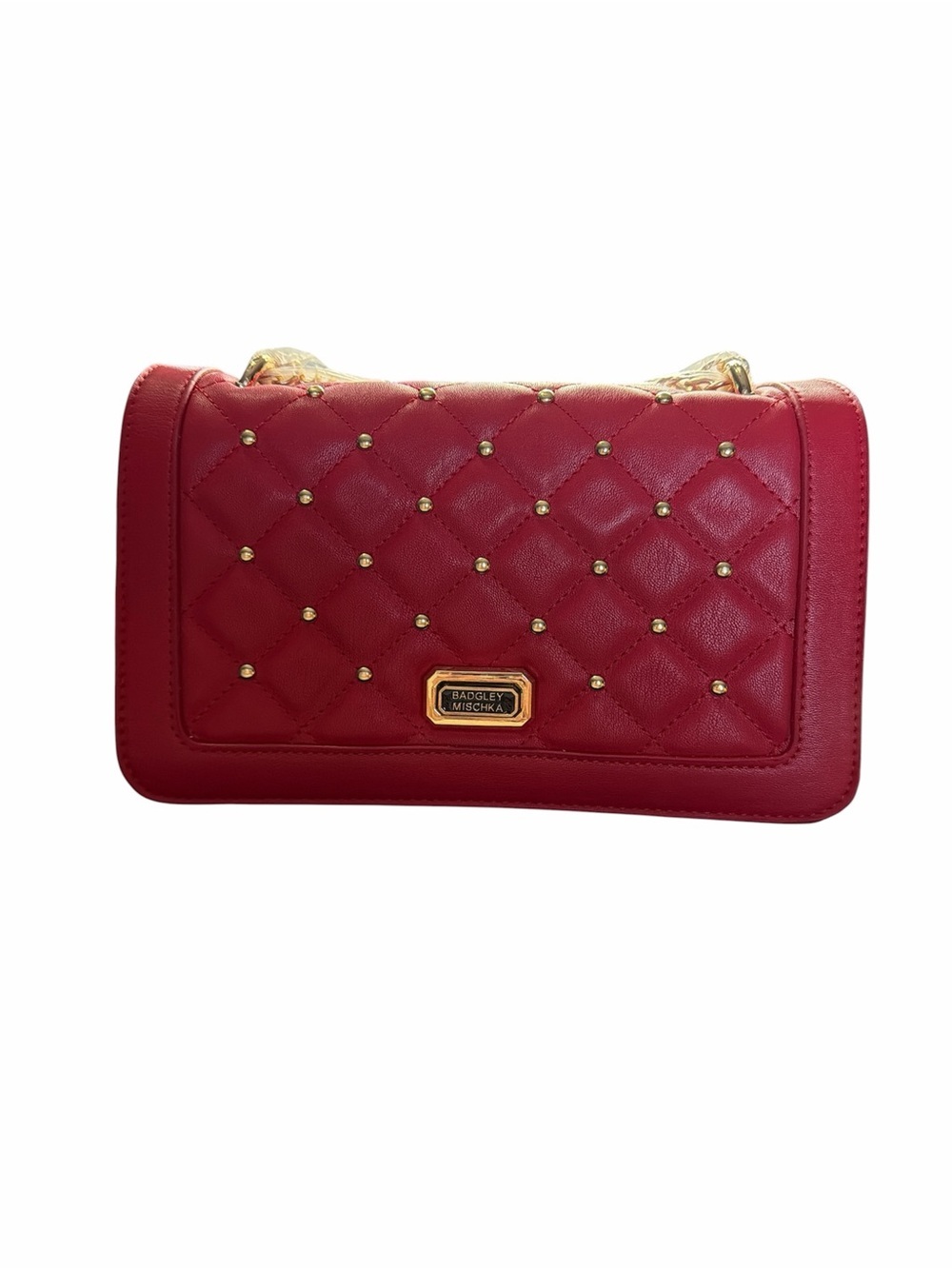 Badgley Mischka Crimson Quilted Studded Crossbody with Gold Accents MSRP $199